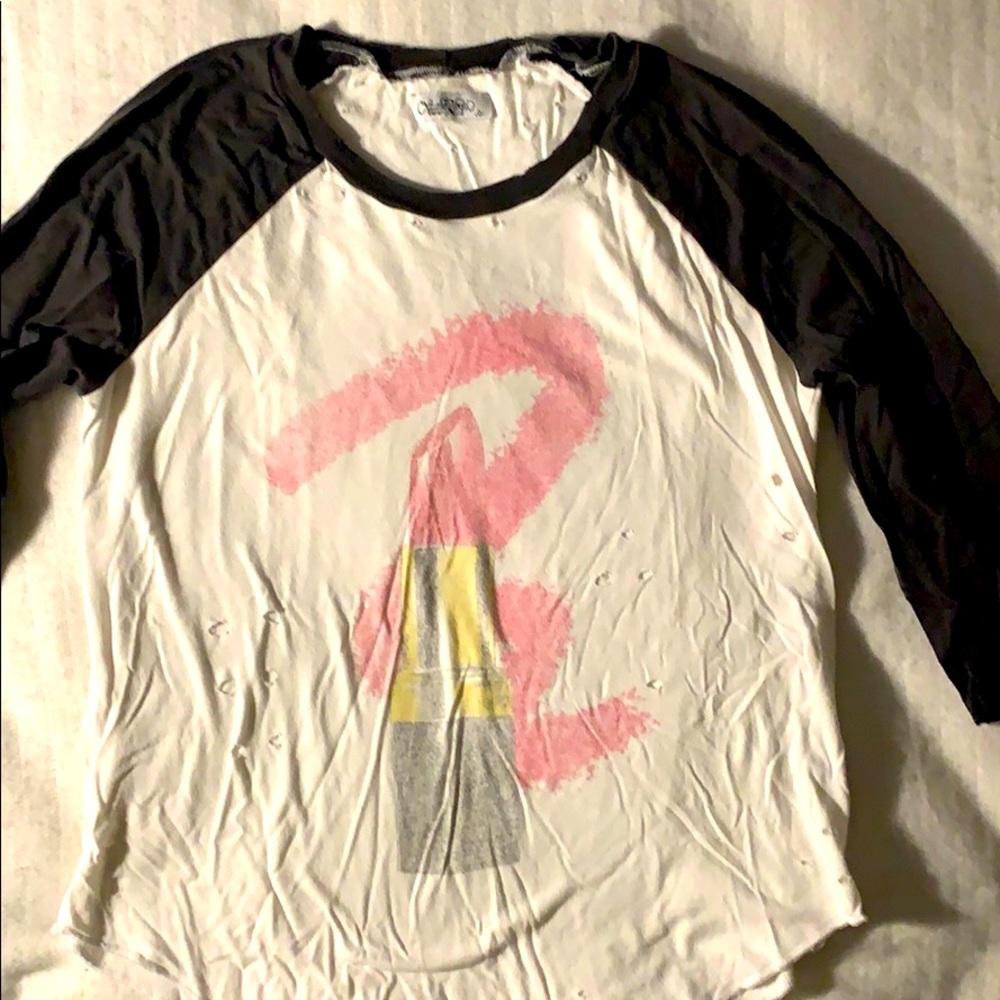 Lauren Moshi White & Black Raglan Long Sleeve Tee with Pink Graphic